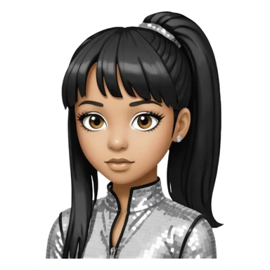 Left Eye from TLC with long black ponytail hair, silver sequin outfit sticker