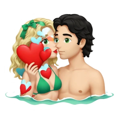 Blonde girl Green eyes wavy hair Green Bikini whole body Kissing man black Hair blue eyes Hearts in Body Background beach sticker