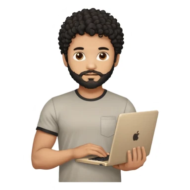 men holding his computer in hands. light brown skin men with curly black hair, dark brown eyes, little grown beard. ust a tiny bit muscular. dressed casual. round face. Dont Apple book  sticker