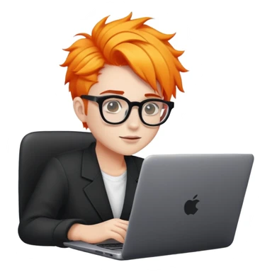 young freelancer with bright hairdo and glasses with thick black frames works on laptop sticker
