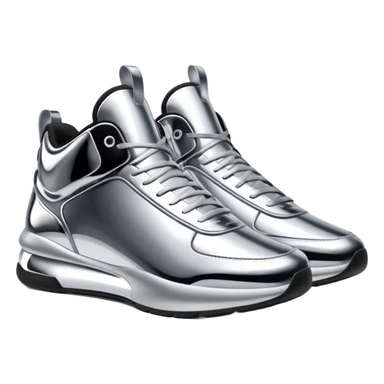 A pair of futuristic sneakers emoji made of silver chrome, sleek streetwear design, smooth metallic panels, subtle reflections, luxury swag aesthetic, iOS emoji style, centered, clean white background sticker