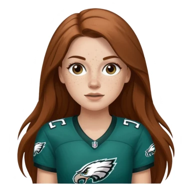 White girl with long  brown hair and freckles wearring a Philadelphia eagles jersey sticker