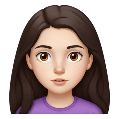 A 12-year-old girl with very long dark brown hair, light brown eyes, thick eyebrows, slightly big lips, with only two freckles - just one small freckle on her cheek and one small freckle under her eye sticker