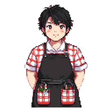 chubby boy with black hair styled upward in front, wearing a red and white checkered plaid apron sticker