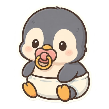 baby penguin in a diaper, holding a pacifier in its beak, adorable and soft look sticker