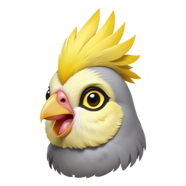 Cinematic Comical Cockatiel Portrait Emoji, Head tilted dramatically with an exaggeratedly amused expression, featuring a striking grey fur with bold yellow accents and a flamboyant crest, wide, expressive dark eyes filled with playful disbelief, Simplified yet hilariously expressive features, highly detailed, glowing with a slightly sassy glow, high shine, dramatic yet playful, stylized with an air of cheeky mischief, bright and endearing, soft glowing outline, capturing the essence of a spirited and over-the-top cockatiel, so meme-worthy it feels like it could side-eye its way into internet fame instantly! sticker