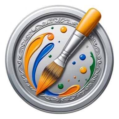Metal painting icon, intricate hand-painted metal surface with detailed patterns, visible paintbrush, metal tools, vibrant enamel or acrylic paints, finished artwork and the painting process, minimalistic style, clean lines, transparent background. sticker
