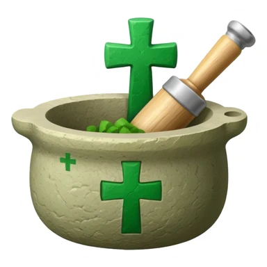 mortar with pestle, with green cross on mortar sticker