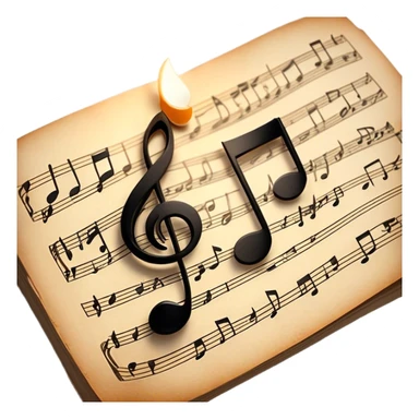 Cinematic Realistic Music Notes, crisp black ink on vintage sheet music, slightly curled edges, soft candlelight casting subtle shadows, glowing with an artistic and nostalgic charm. sticker