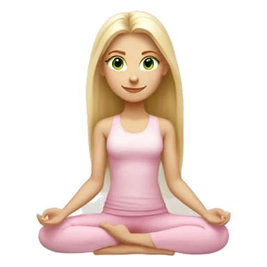 blonde long hair and green eyes yoga girl in light pink clothes sitting on a yoga mat sticker