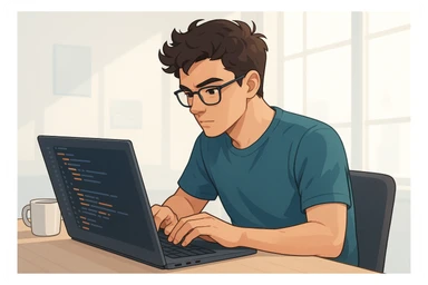 young programmer, modern style, coding at a laptop sticker