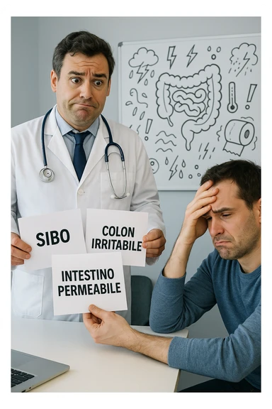 Scena clinica con un medico confuso in camice bianco davanti a un paziente seduto. Il medico ha tre fogli in mano, e li mostra uno alla volta con espressione incerta: il primo dice 'SIBO', il secondo 'Colon Irritabile', il terzo 'Intestino Permeabile'. Il paziente ha un’espressione confusa e scoraggiata, con una mano sulla fronte. Sullo sfondo una lavagna caotica con disegni di intestino e sintomi ovunque. Stile realistico con tocchi ironici, toni freddi da ambulatorio ma con un messaggio visivo forte di incertezza diagnostica. in italiano sticker