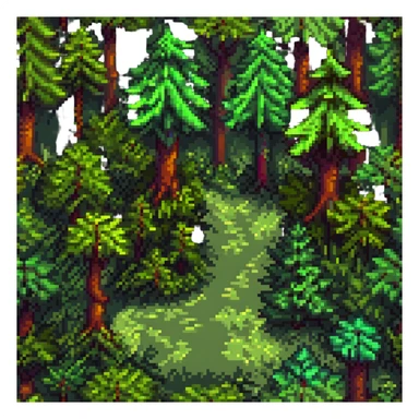 a pixel art forest with dense trees and a small clearing sticker