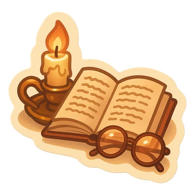 cozy artistic sticker of an open book with handwritten notes, vintage candle, and glasses, soft textured style inspired by dark academia and cottagecore, warm tones, muted colors, torn paper textures, subtle ink drawing details, thoughtful and literary sticker