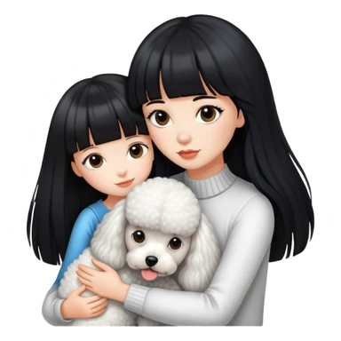 A beautiful girl with long straight black hair and bangs hugs a poodle tightly sticker