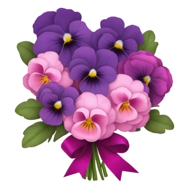 Bouquet composed of pink pansies, violet peonies tied with a dark pink ribbon and in the background purple butterflies sticker