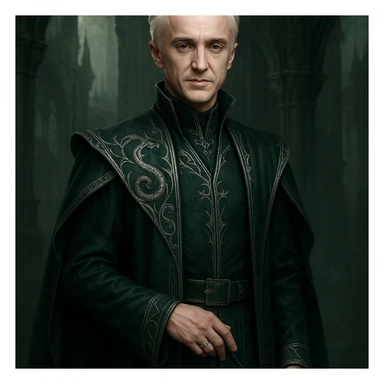 mature Draco Malfoy, 37 years old, Slytherin vibe, elegant robes, fantasy style sticker