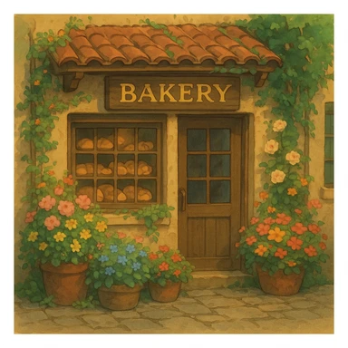 small bakery storefront with flowers, ghibli style sticker