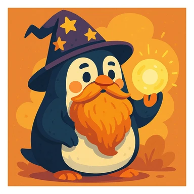 a chubby penguin wizard with a long beard, holding a glowing orb, in a charming and magical style sticker