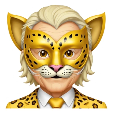 a fat old man, with a yellow suit,  wear half-face golden Leopard masquerade mask sticker