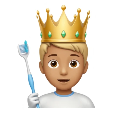 Creat an emoji for child with wearing small crown and flying holding toothbrush sticker