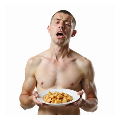 realistic man, thin physique and dull skin, sad expression, plate without healthy fats, caption in Italian: “Mancanza di grassi buoni: salute ed estetica a rischio”, isolated on white background sticker