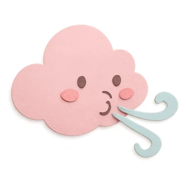 soft pastel pink cloud blowing gentle pastel wind, no arms, no legs, full body, soft pastel kawaii paper craft style sticker