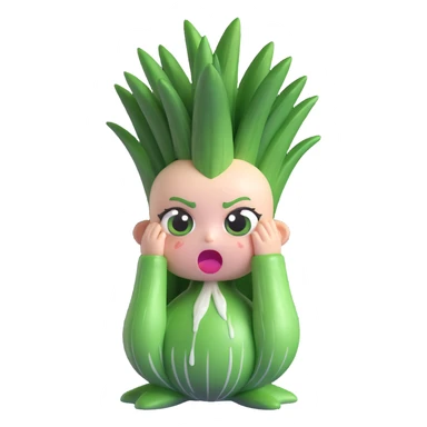 3D chibi green onion character, round white body, big expressive eyes, green leafy hair, dramatic crying face with streams of onion juice tears, playful and humorous pose, pastel kawaii style, soft smooth textures, excellent lighting, transparent background sticker