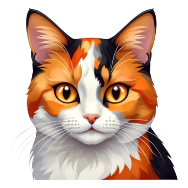 Cinematic Noble Calico Cat Portrait Emoji, Poised and regal, with a striking patchwork fur in vibrant orange, black, and white hues, delicate whiskers and a refined, focused gaze, simplified yet exquisitely detailed, glowing with a soft, moonlit radiance and an air of aristocratic elegance, high shine, exuding dignified intelligence and poised authority, soft glowing outline, capturing the essence of a watchful and noble calico cat that appears ready to grace the screen with effortless majesty! sticker