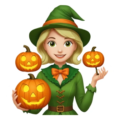 Woman Hunter With Jack o Lantern, wearing green costume, with bow sticker