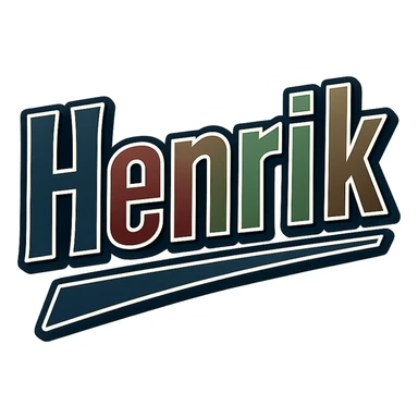 Henrik name in masculine, modern, gradient font with precise Hungarian characters, dark contour, prominent visible white border, dynamic slanted underline, masculine color shades including blue, gray, burgundy, green, brown, 1000x1000 px, PNG, transparent background sticker