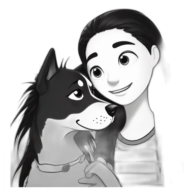a dog and a dark-haired girl with spiky hair looking at each other in style of ((sarah andersen)), black and white sticker
