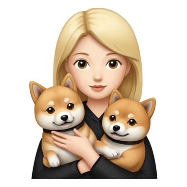 blonde woman holding a Shiba inu and a black shiba inu sticker