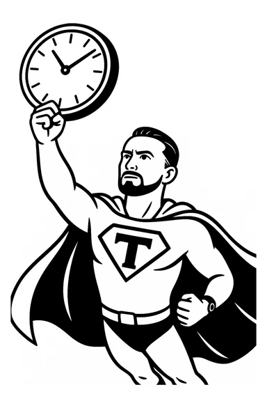 Черное-белая стилистика как на картинке, на которой герой в позе Супермэна с большой буквой Т на груди несет вперед циферблат, прозрачный фон sticker
