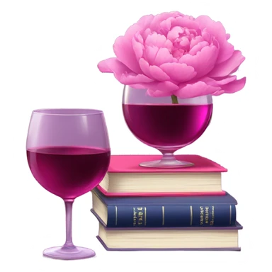 A violet  stack of books with deep pink peonies and a glass of pink wine sticker