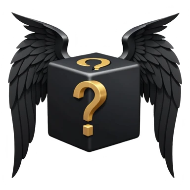 Black cube with black wings and has a white question mark sticker