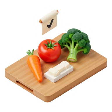carrot tomato brocoli on the wooden cutting board with floating rolled paper list with checkbox sticker