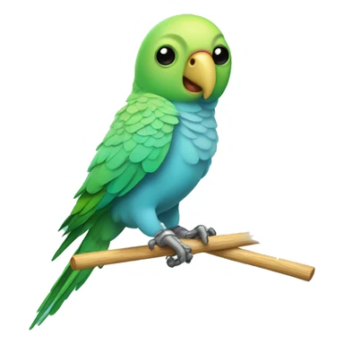 parakeet on stick with a robot head sticker