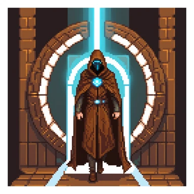 A mysterious man with a brown cloak and futuristic high-tech mask stepping out of a glowing portal sticker