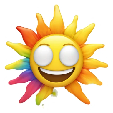 Illustrate a smiling sun with rainbow rays, rising above a vibrant beach scene." sticker