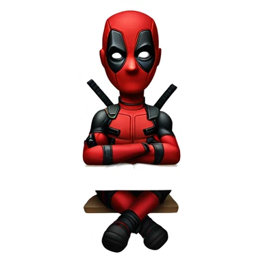 Cute Deadpool sitting at a desk, front view sticker