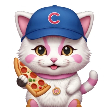 Kitty with cubs hat on with pizza sticker
