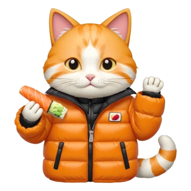cat wearing a puffy jacket and eating sushi sticker
