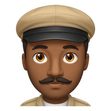 A dark-skinned man with a beige cap, brown eyes, and a thin black mustache. sticker