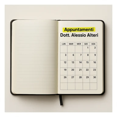 realistic calendar on open agenda, the text 'Appuntamenti Dott. Alessio Alteri' highlighted, clean composition, light background sticker