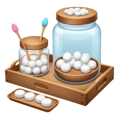 wooden tray with a jar of cotton balls, a jar of cotton swabs, a jar of cotton pads with wooden lids, with a soft glow sticker