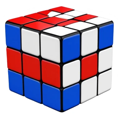 A scrambled 3x3 Rubik's Cube with only red, white, and blue colors, minimalist iOS emoji style, viewed from an angle sticker