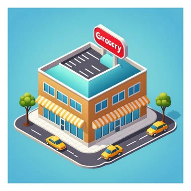 Isometric grocery store building with large windows, parking area, and store signage sticker