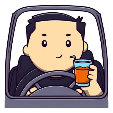 driver with flushed cheeks, one hand on the wheel, the other holding a drink, exaggerated expression sticker