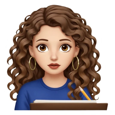 cute girl with not volominous VERY LONG curly/wavy brunette hair with balayage, brown eyes, full lips, natural clean girl makeup and hoop earrings white girl: super desperate studying sticker